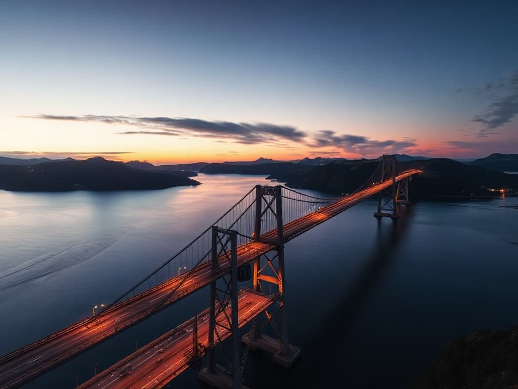 Aerial photograph of the Bjørnafjord programme in Stavanger, Norway — a heavy-civil bridge construction engagement delivered by Anchorpoint Constructions.